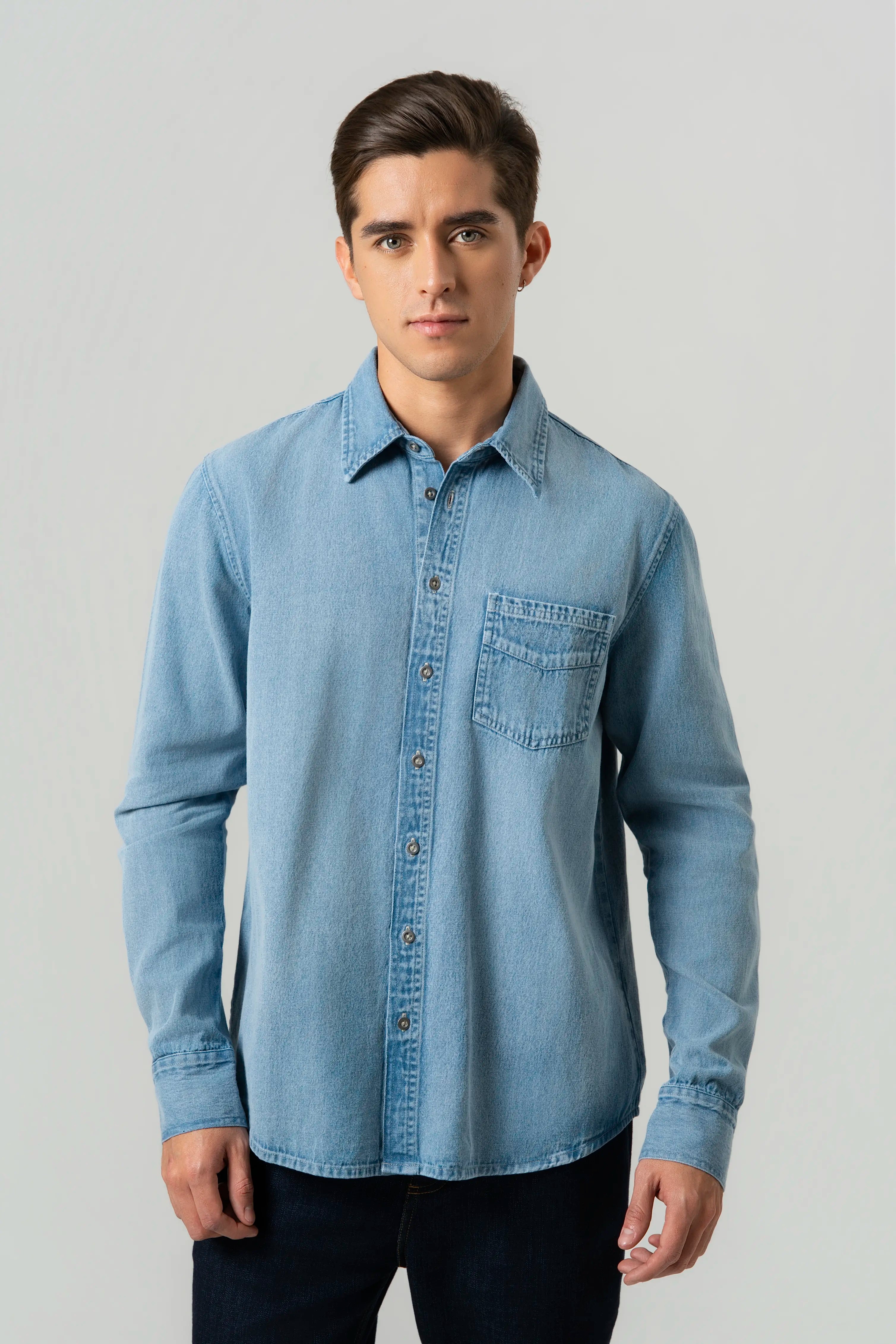 CAMISA MANGA LARGA COLOR AZUL MEDIO