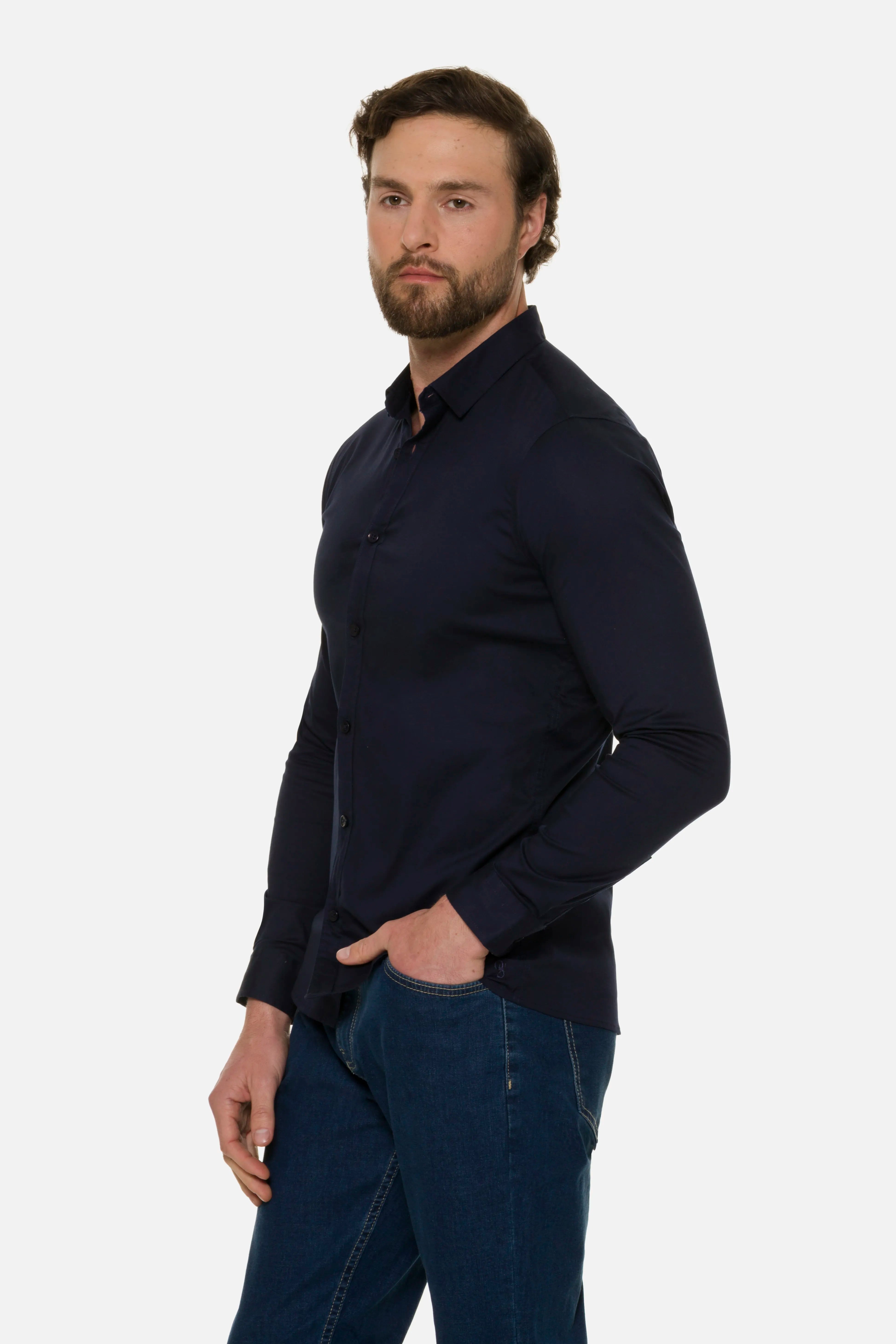 CAMISA SLIM MANGA LARGA COLOR AZUL OSCURO