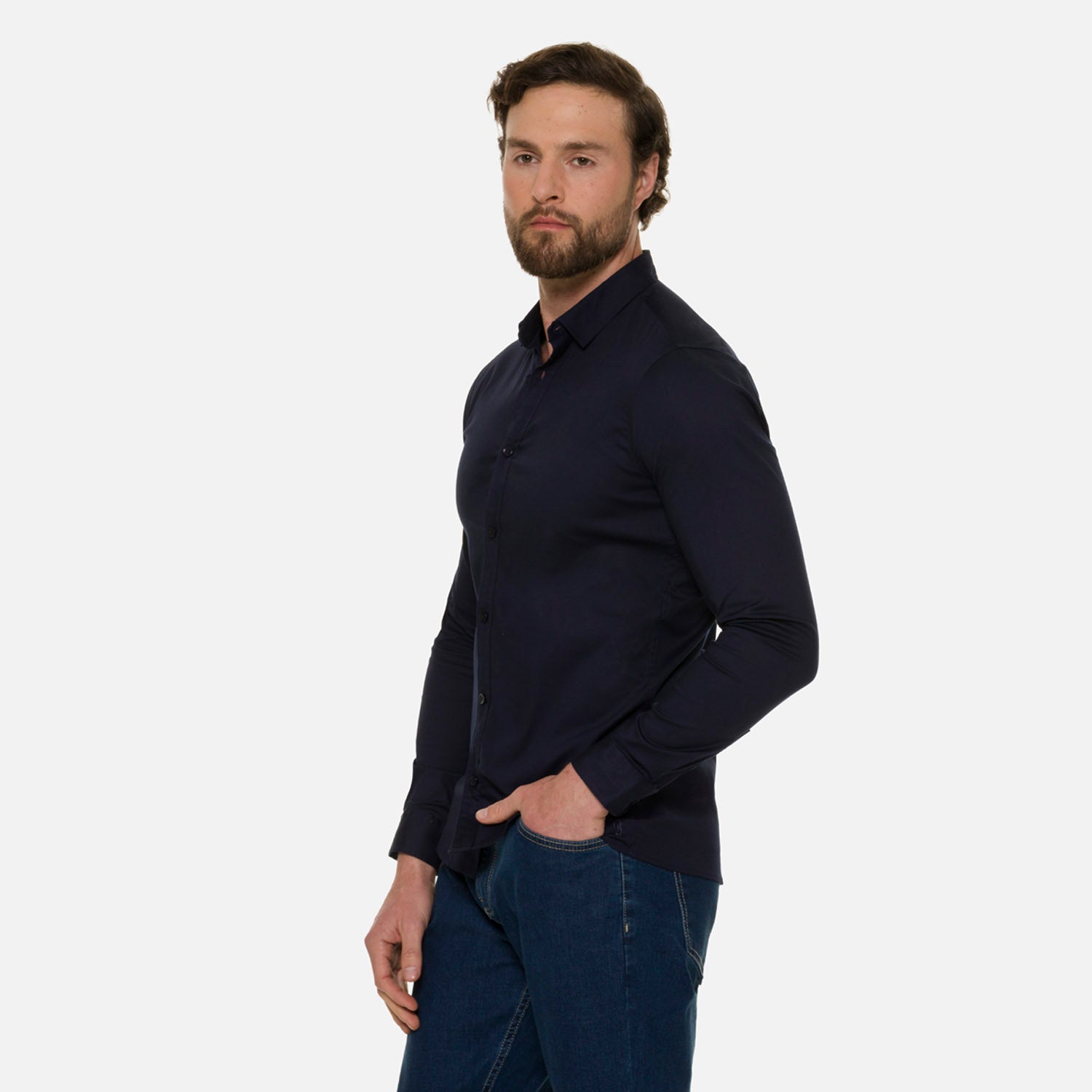 CAMISA SLIM MANGA LARGA COLOR AZUL OSCURO