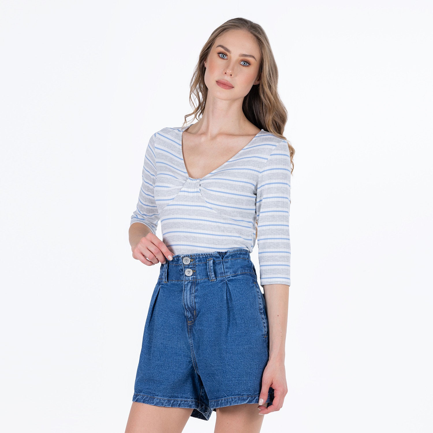 BLUSA MANGA 3/4 COLOR CRUDO RAYAS GRIS JASPE