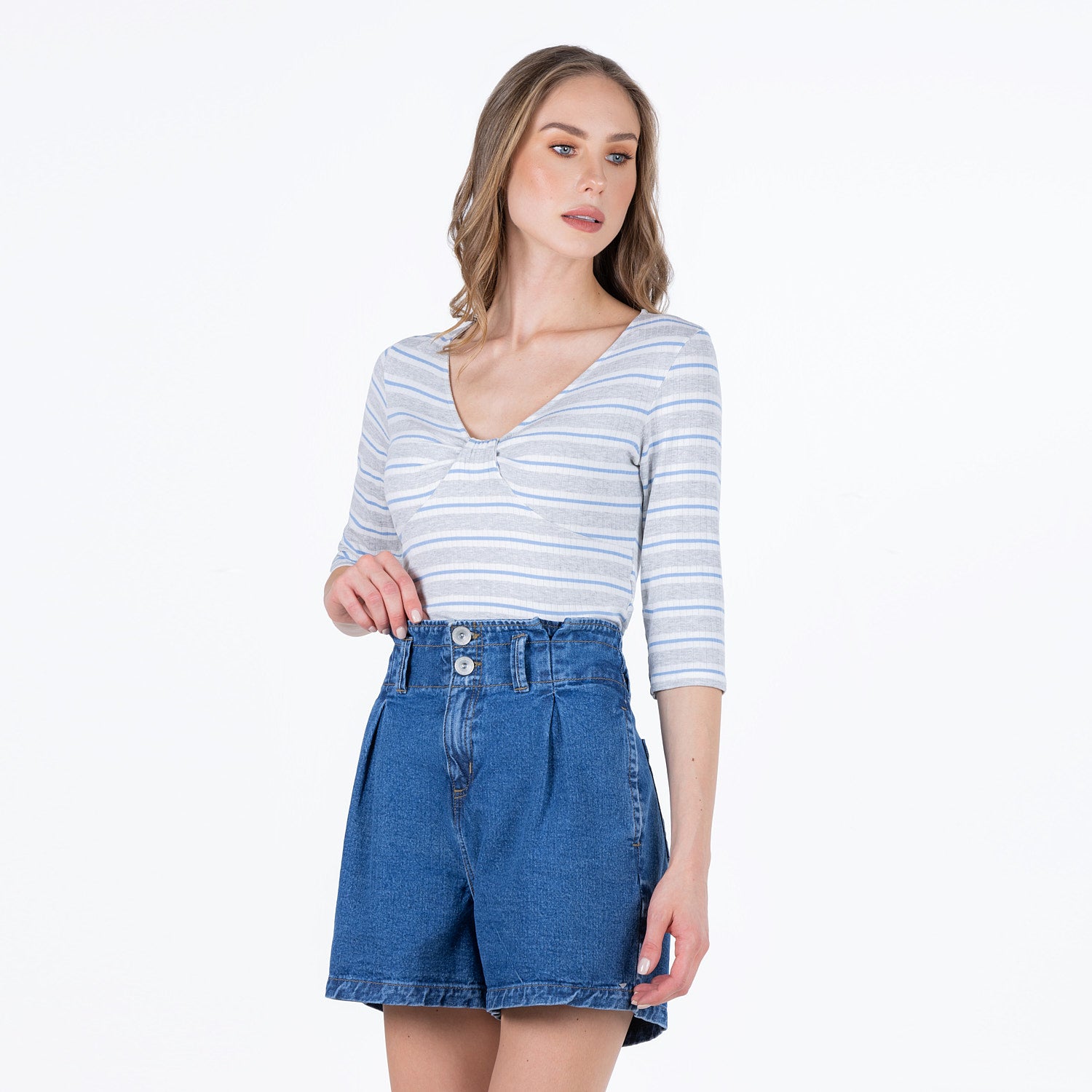 BLUSA MANGA 3/4 COLOR CRUDO RAYAS GRIS JASPE