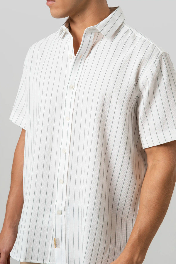 CAMISA MANGA CORTA COLOR IVORY-AZUL OSCURO