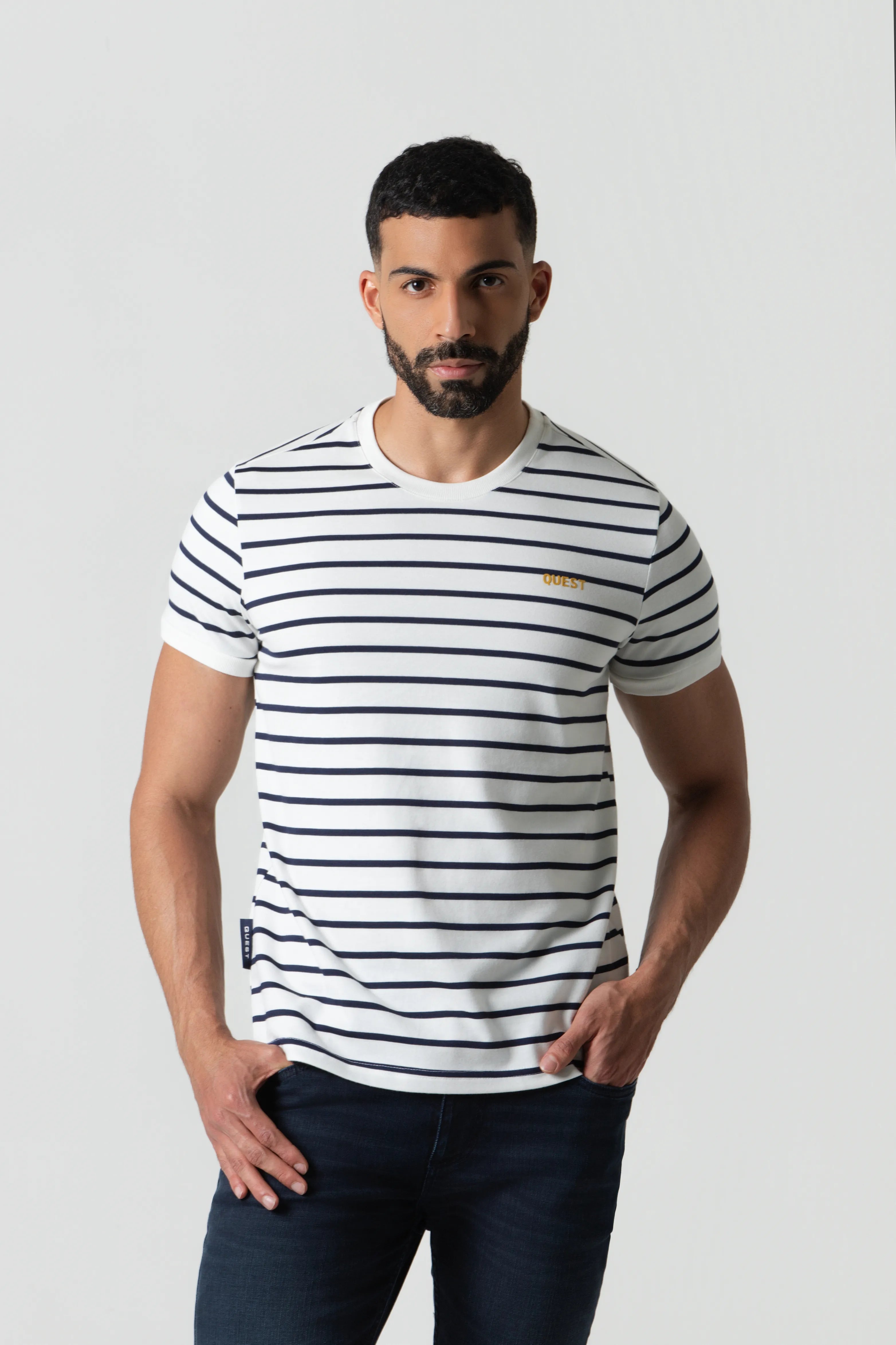 CAMISETA MANGA CORTA COLOR IVORY-AZUL OSCURO