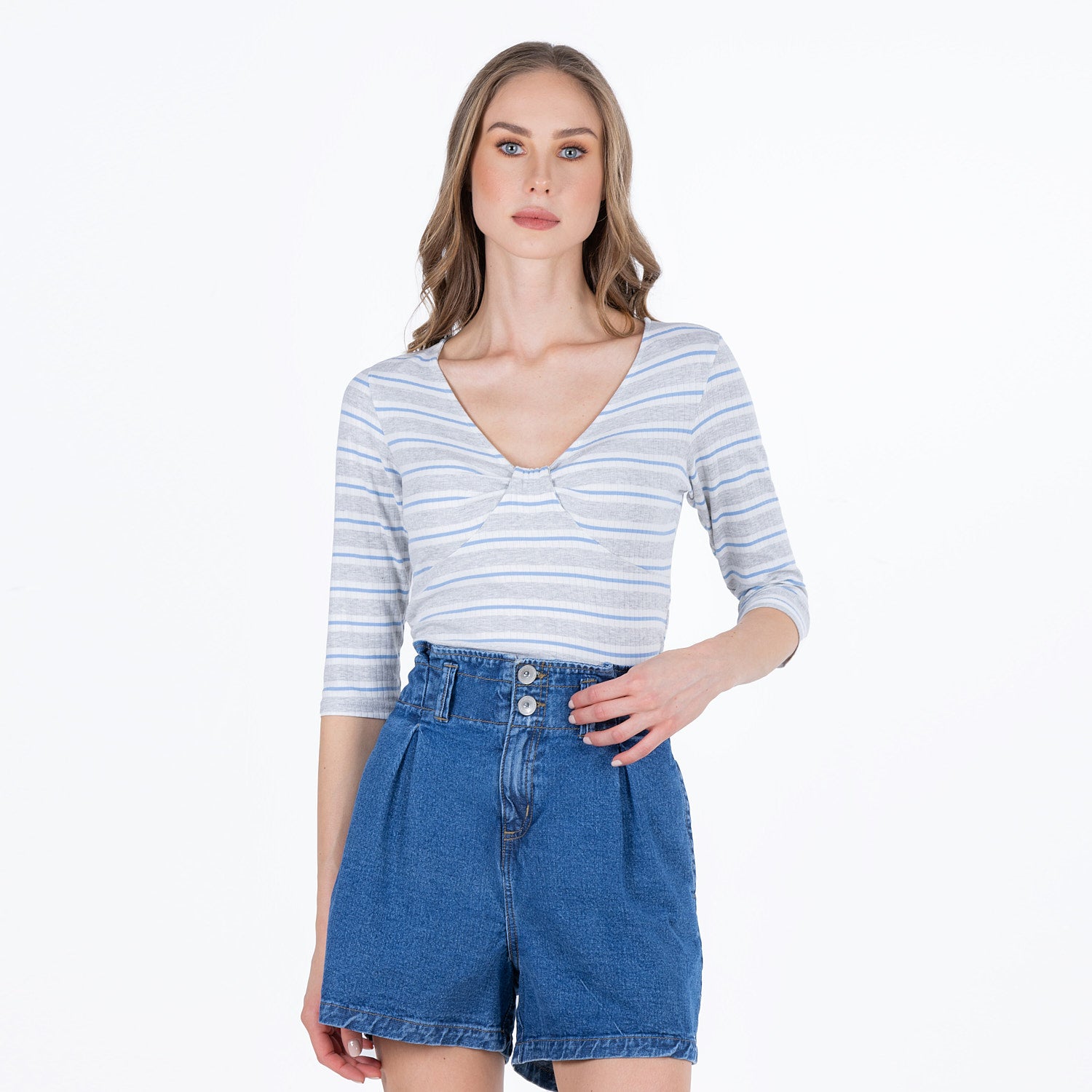 BLUSA MANGA 3/4 COLOR CRUDO RAYAS GRIS JASPE