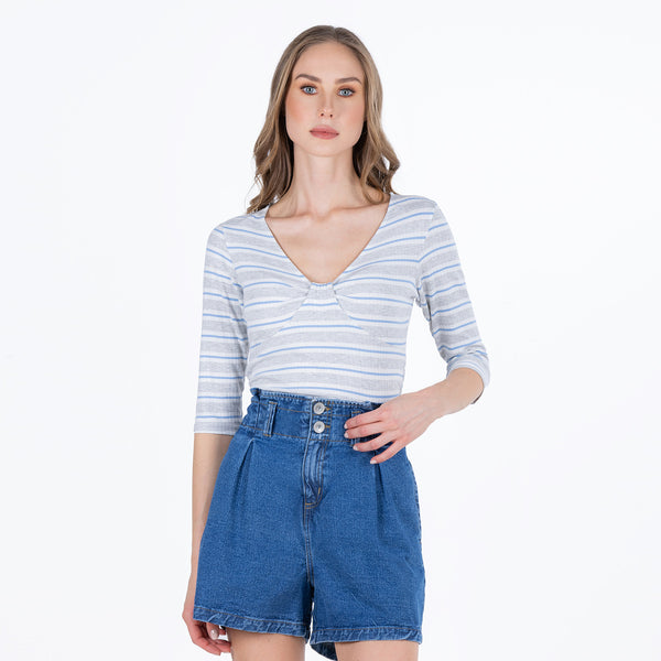 BLUSA MANGA 3/4 COLOR CRUDO RAYAS GRIS JASPE