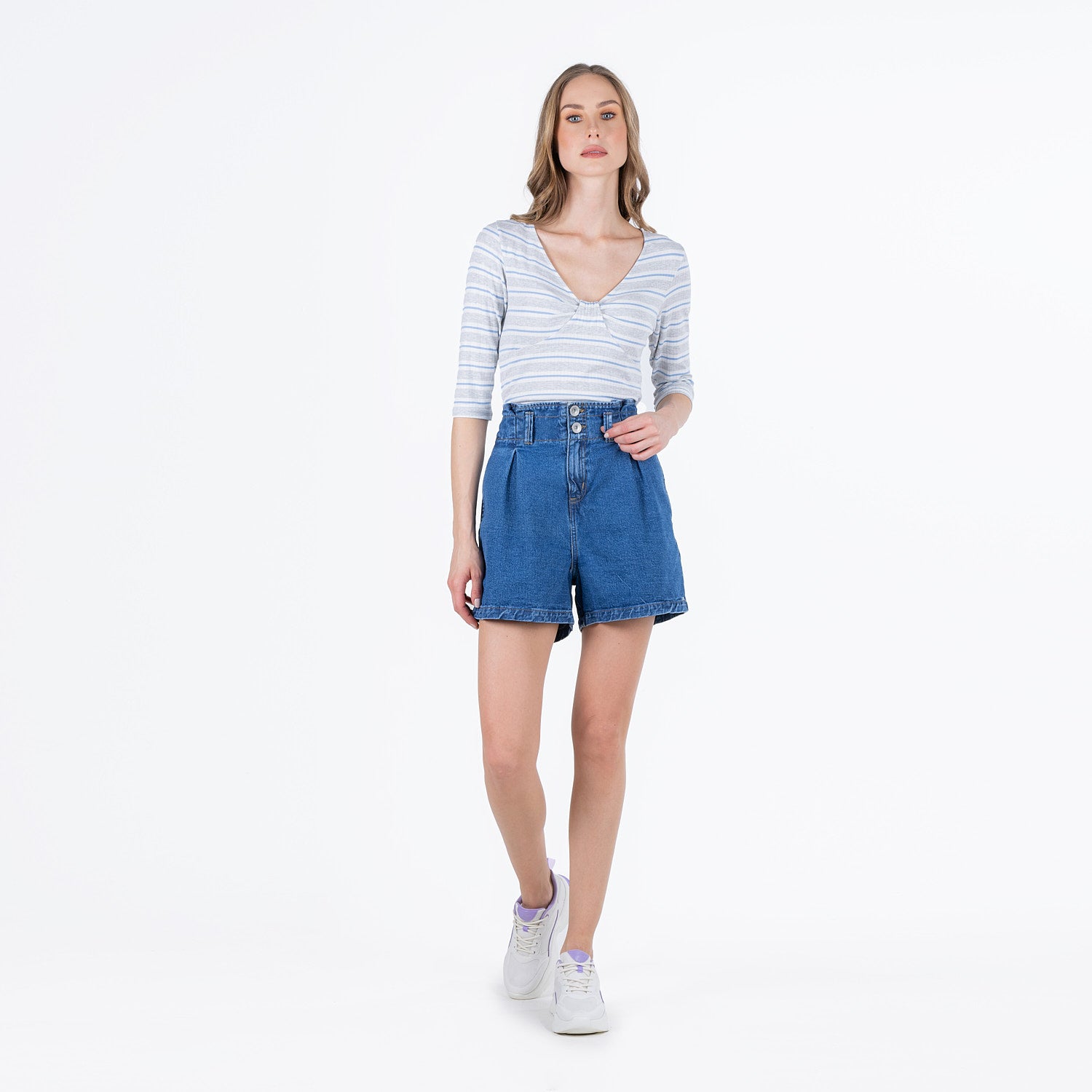 BLUSA MANGA 3/4 COLOR CRUDO RAYAS GRIS JASPE